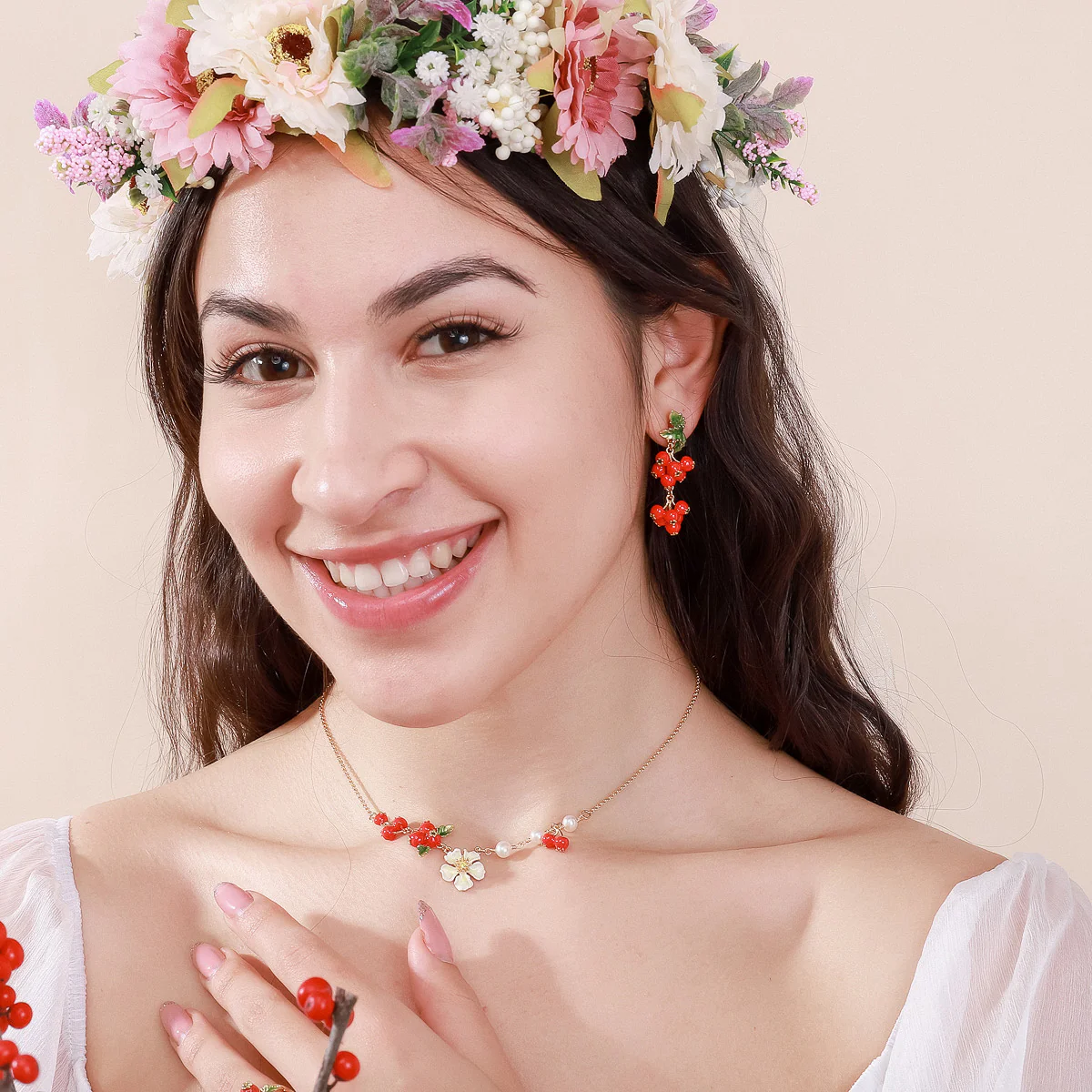 Cranberry Flowers Necklace - Image 4