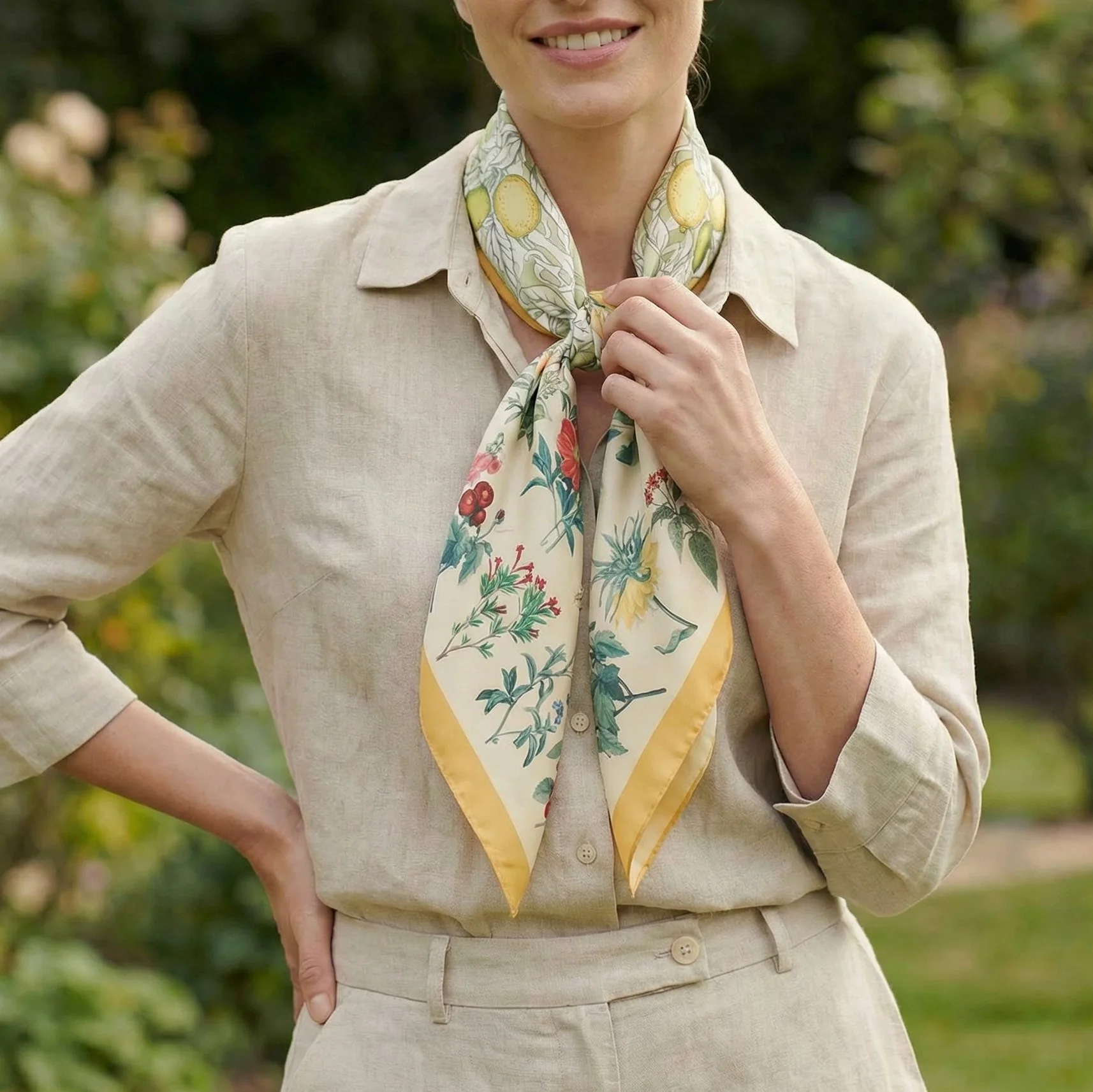 Flower Illustration Silk Square Scarf - Image 3