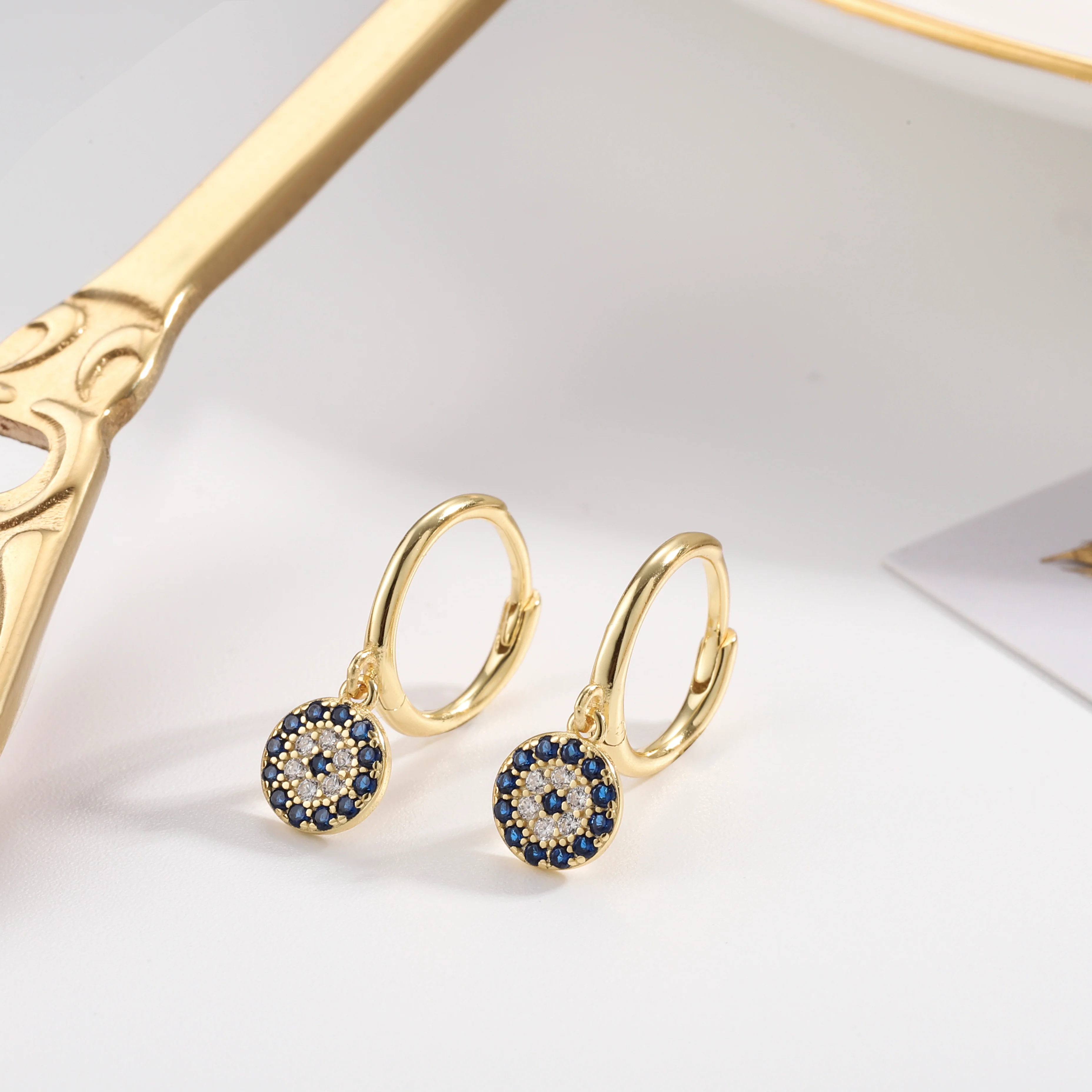 Sapphire Diamond Round Drop Hoops Earrings - Image 6